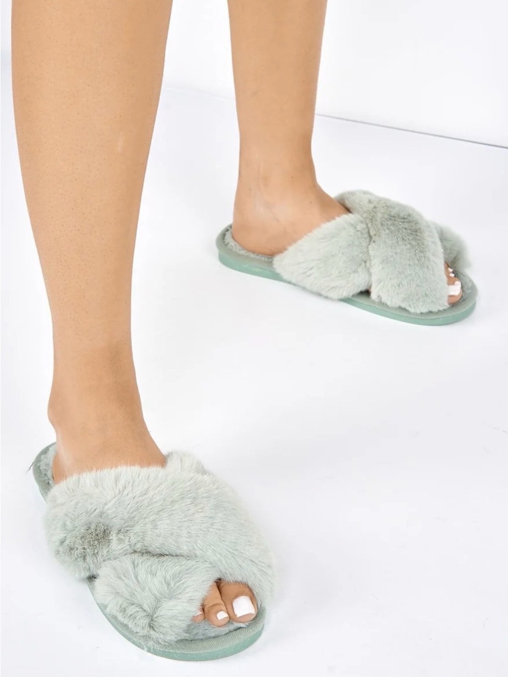 Laura Ashley Plush Faux-Fur Cross-Band Slide Slippers - Mint Green
